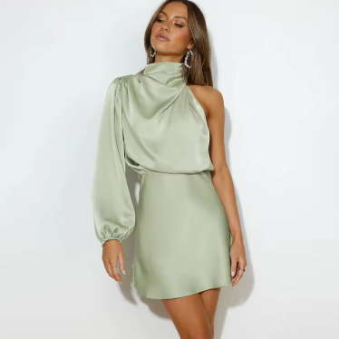 Lexa – Robe de soirée satinée asymétrique à une manche – coupe mini/midi élégante