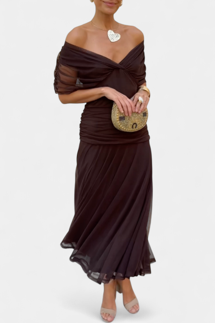 Clémence – Robe midi élégante à épaules dénudées femme