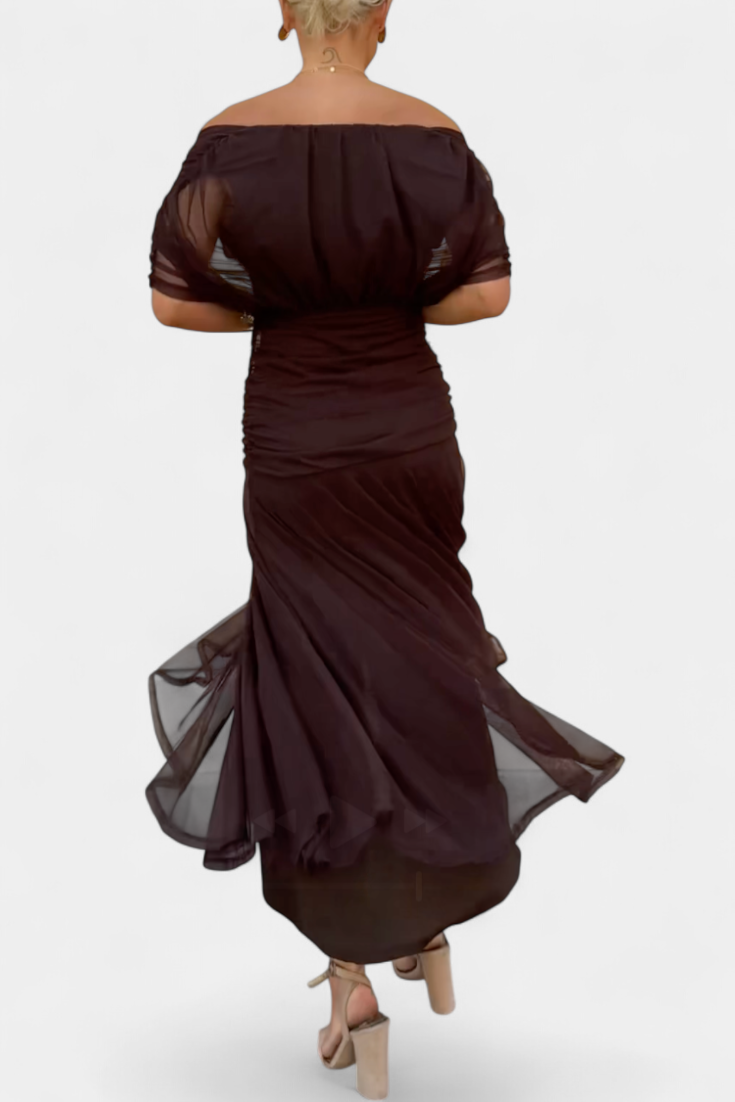 Clémence – Robe midi élégante à épaules dénudées femme
