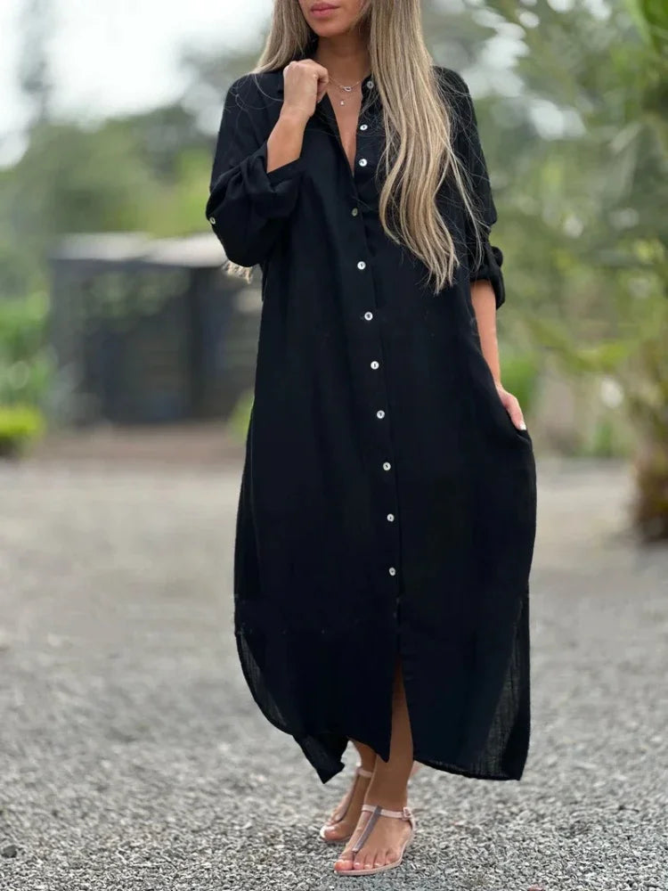 Robe chemise longue en coton à manches longues