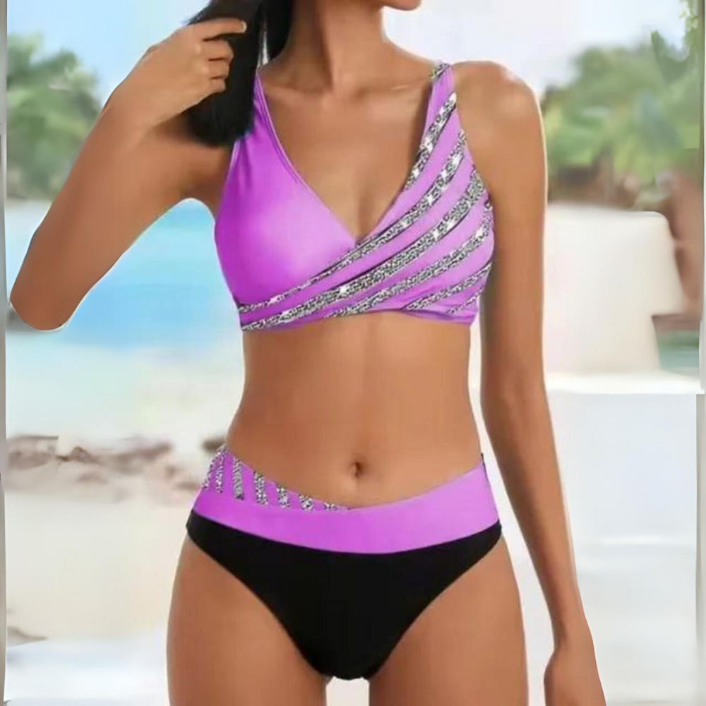 Maillot de bain femme deux pièces colorblock à taille haute