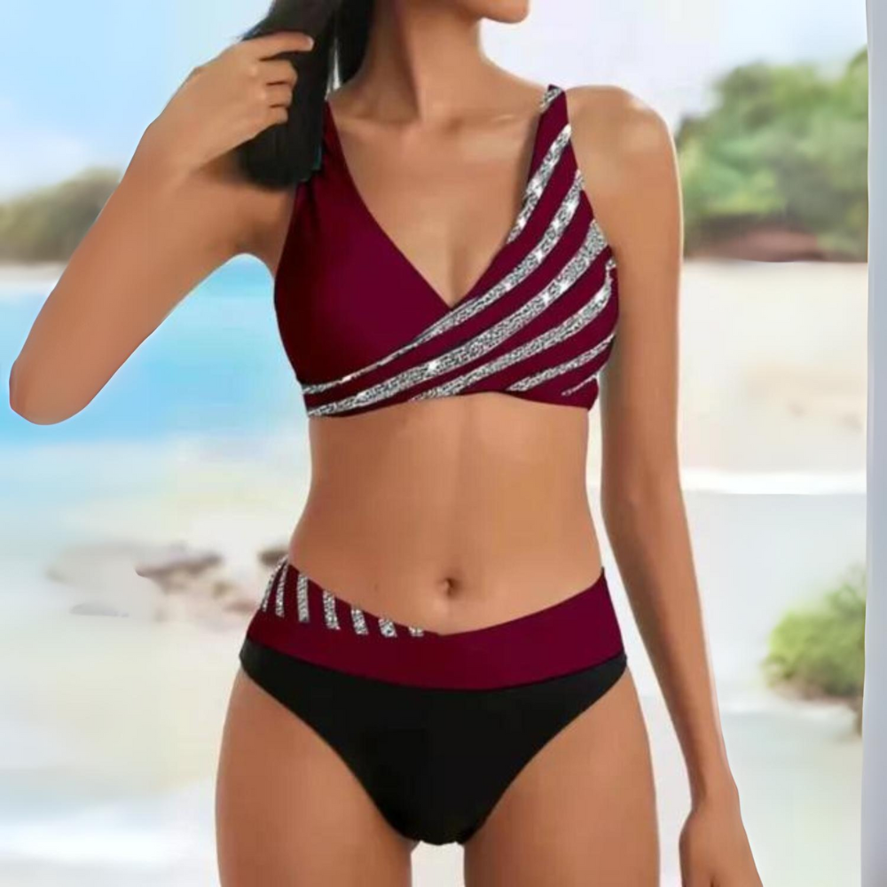 Maillot de bain femme deux pièces colorblock à taille haute