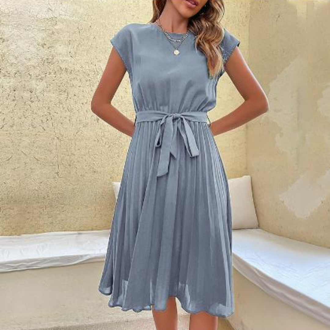 Léna – Robe midi plissée à manches courtes femme