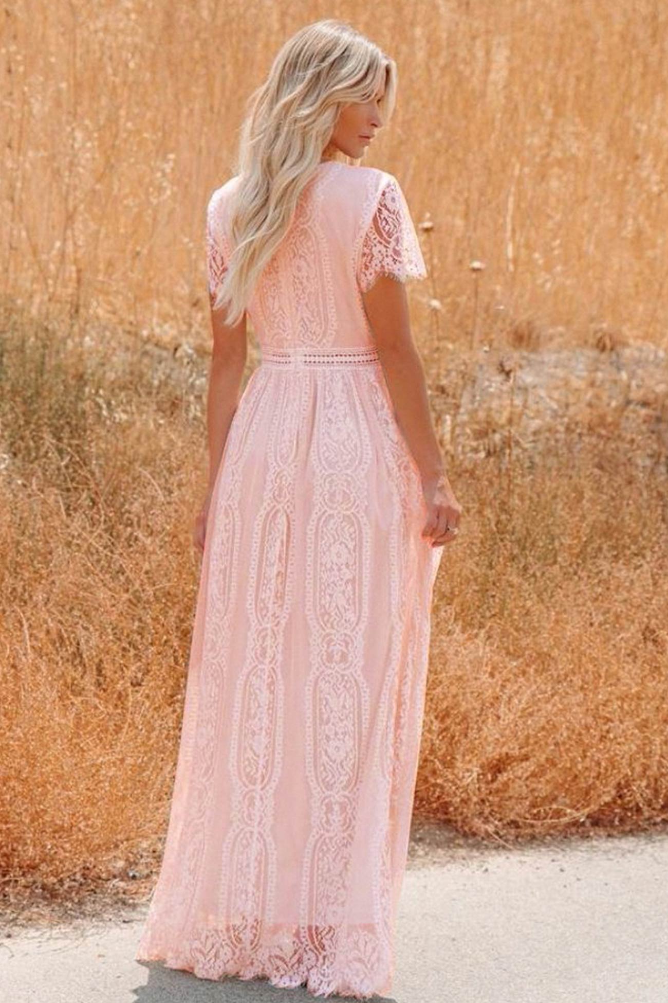 Léana – Robe Maxi en Dentelle Brodée avec Col V