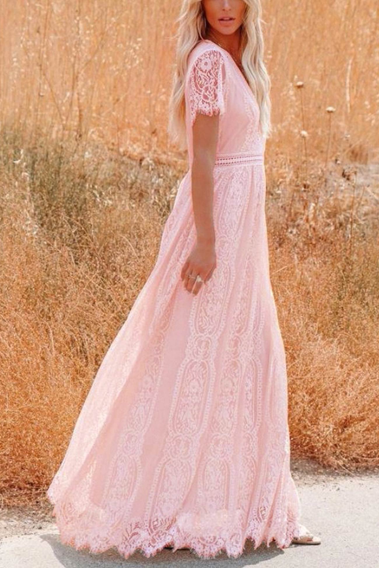 Léana – Robe Maxi en Dentelle Brodée avec Col V