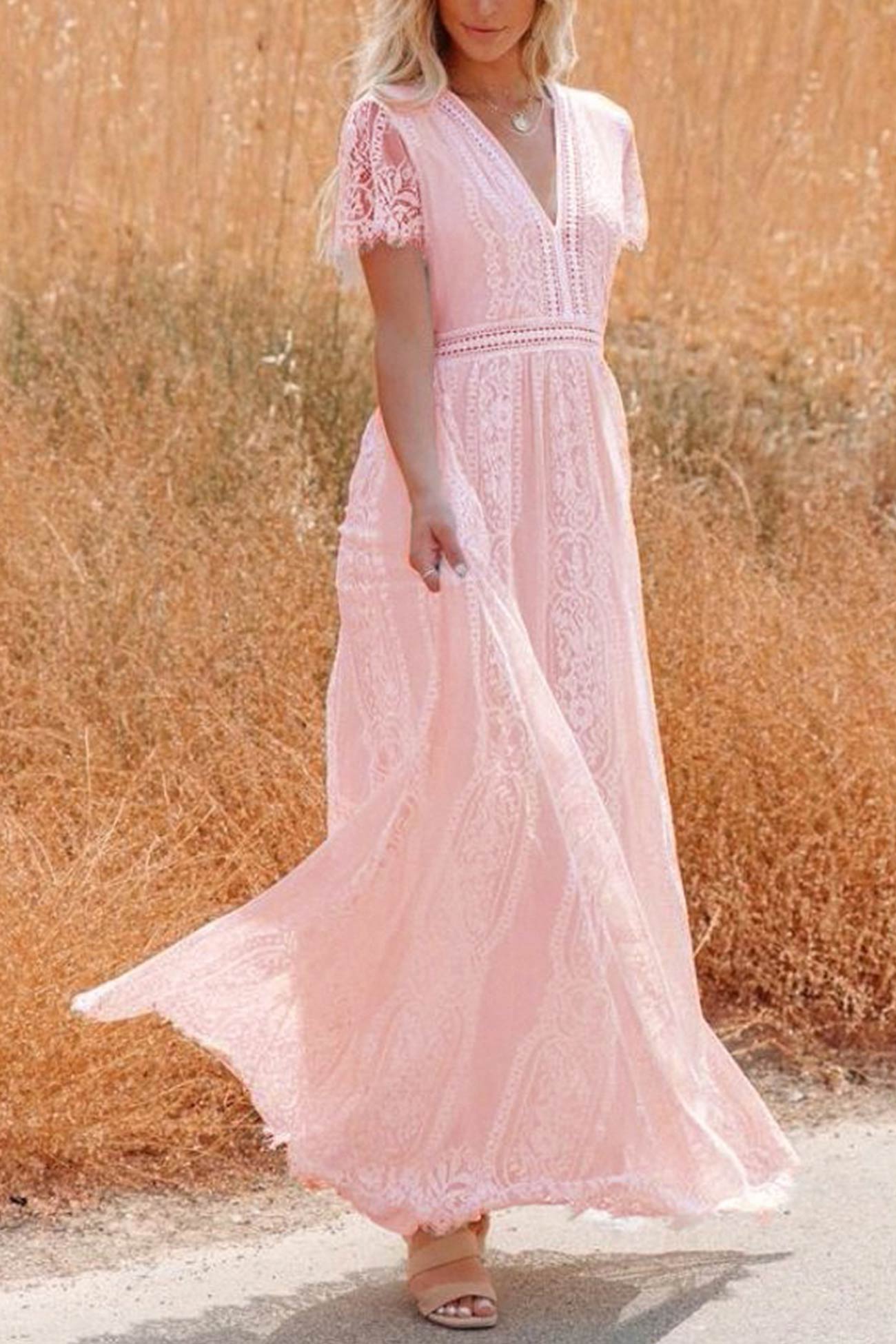 Léana – Robe Maxi en Dentelle Brodée avec Col V