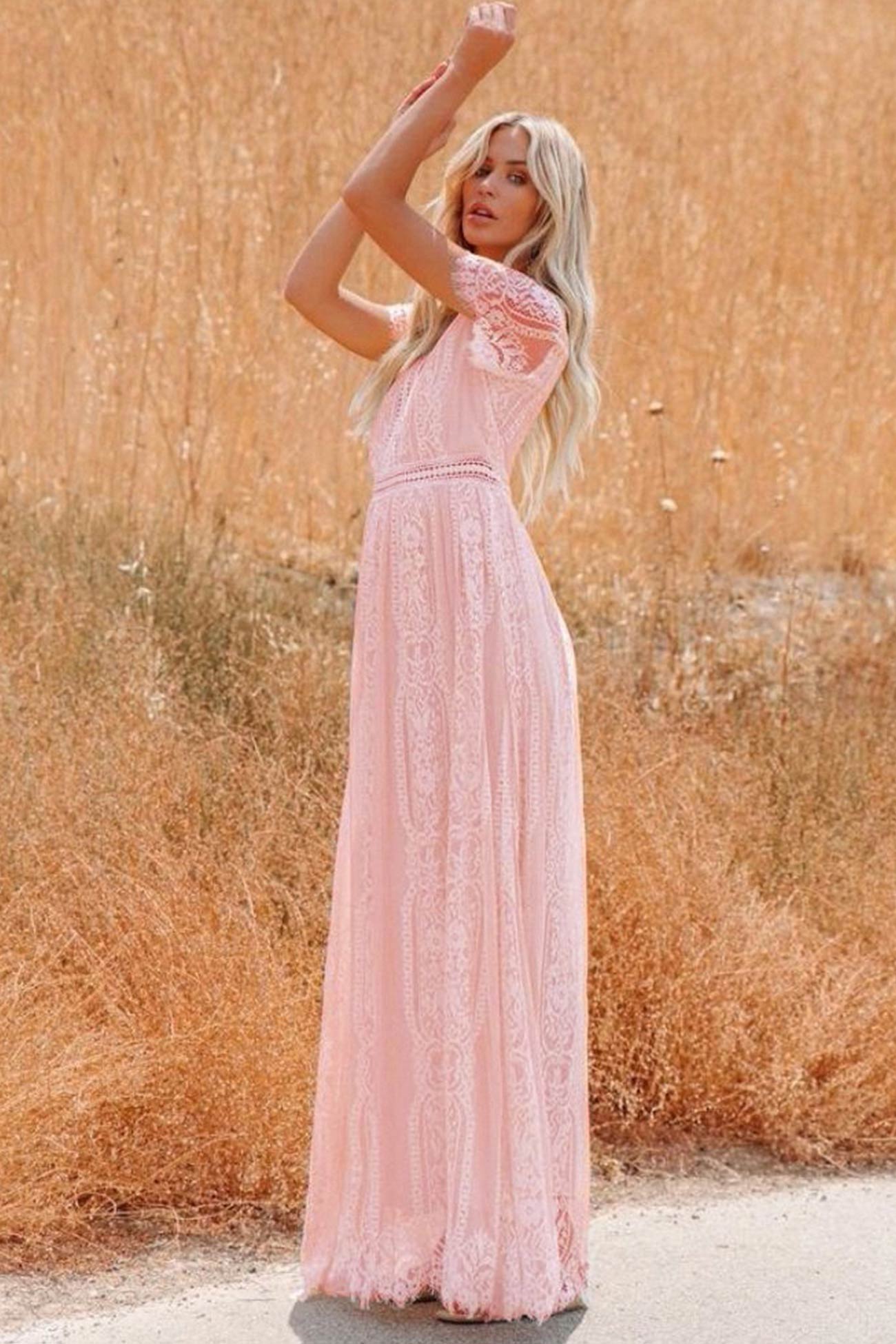 Léana – Robe Maxi en Dentelle Brodée avec Col V