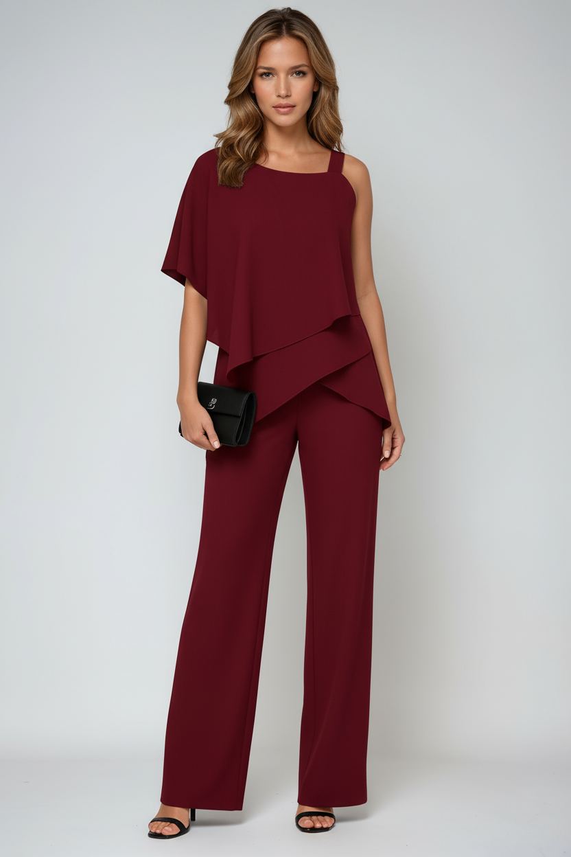 Pauline – Ensemble deux pièces top asymétrique en mousseline et pantalon à jambes larges femme