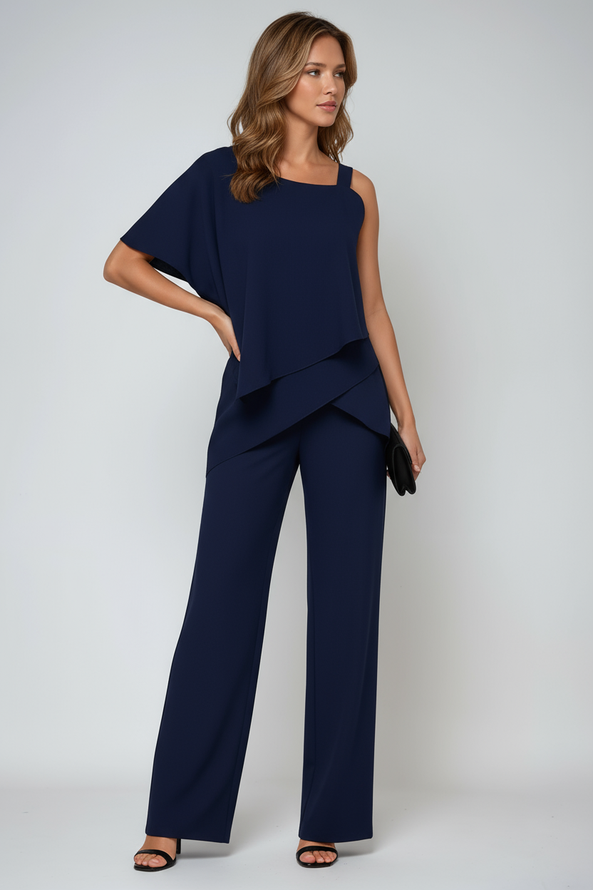 Pauline – Ensemble deux pièces top asymétrique en mousseline et pantalon à jambes larges femme