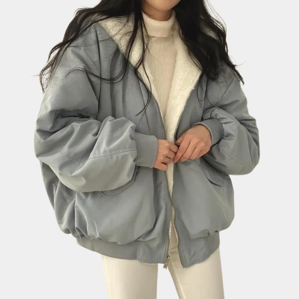 Solène – Blouson femme hiver à capuche doublé en fausse fourrure oversize