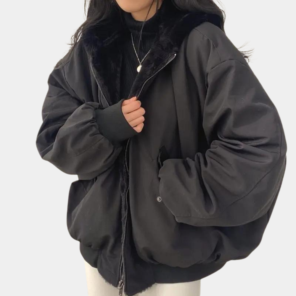 Solène – Blouson femme hiver à capuche doublé en fausse fourrure oversize