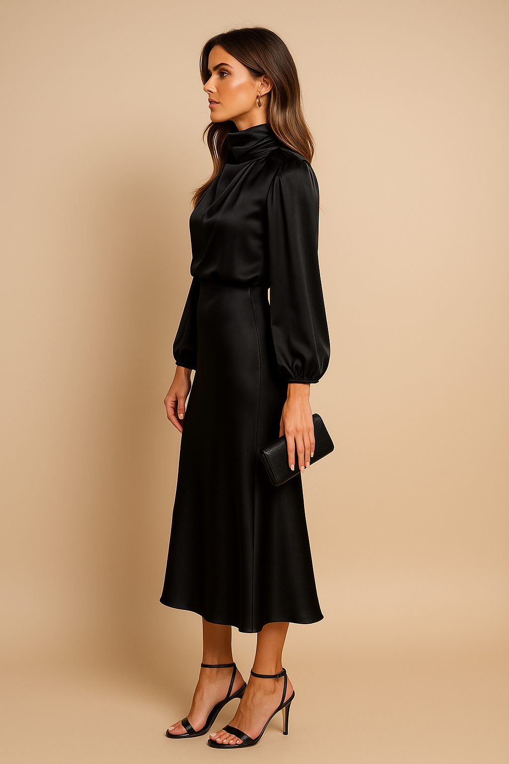 Léa – Robe midi à col montant et taille haute femme