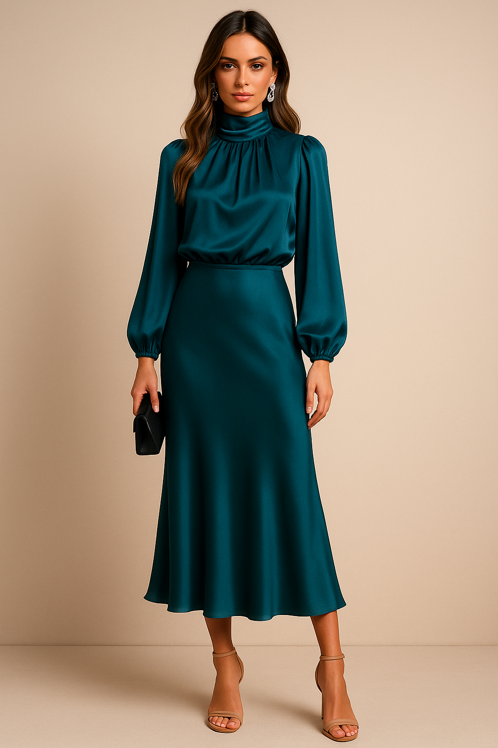 Léa – Robe midi à col montant et taille haute femme