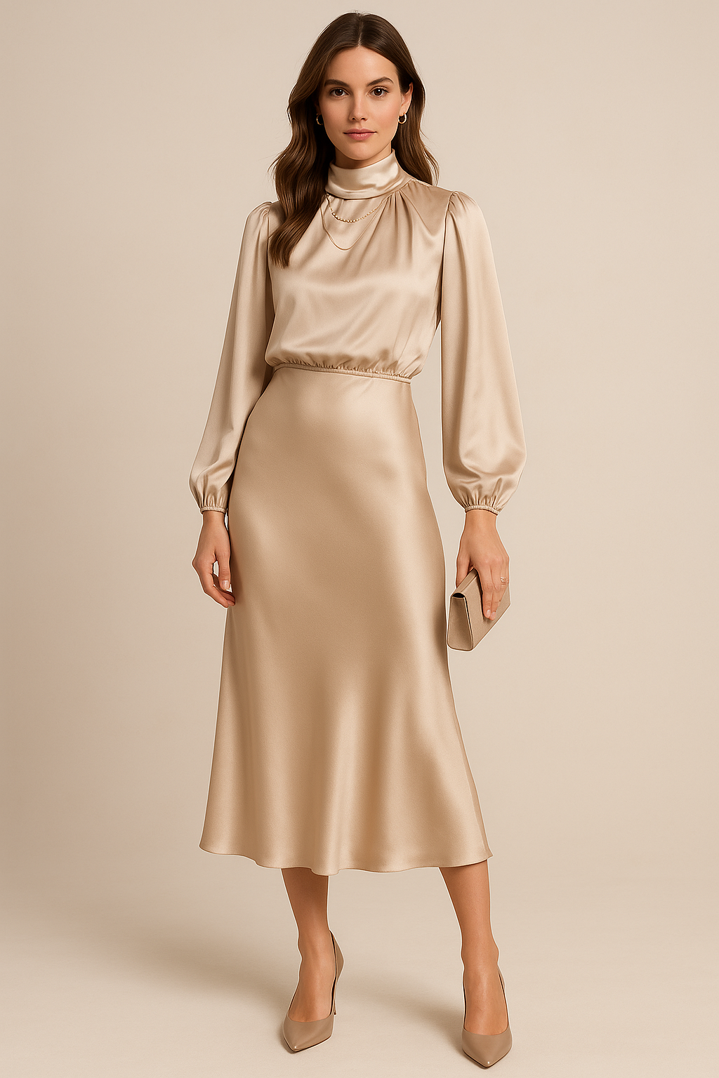 Léa – Robe midi à col montant et taille haute femme
