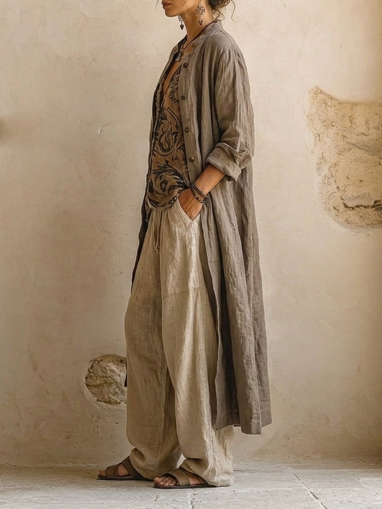 Ensemble femme 3 pièces en lin et coton avec top imprimé, pantalon large et cardigan