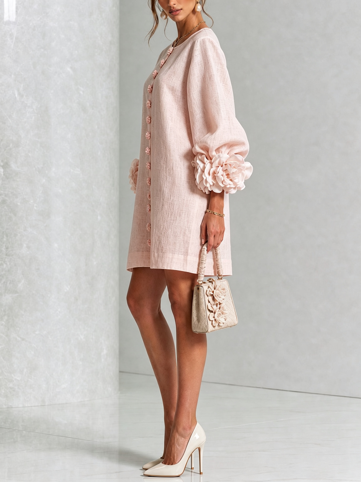 Robe élégante trapèze courte boutonnée à manches bouffantes