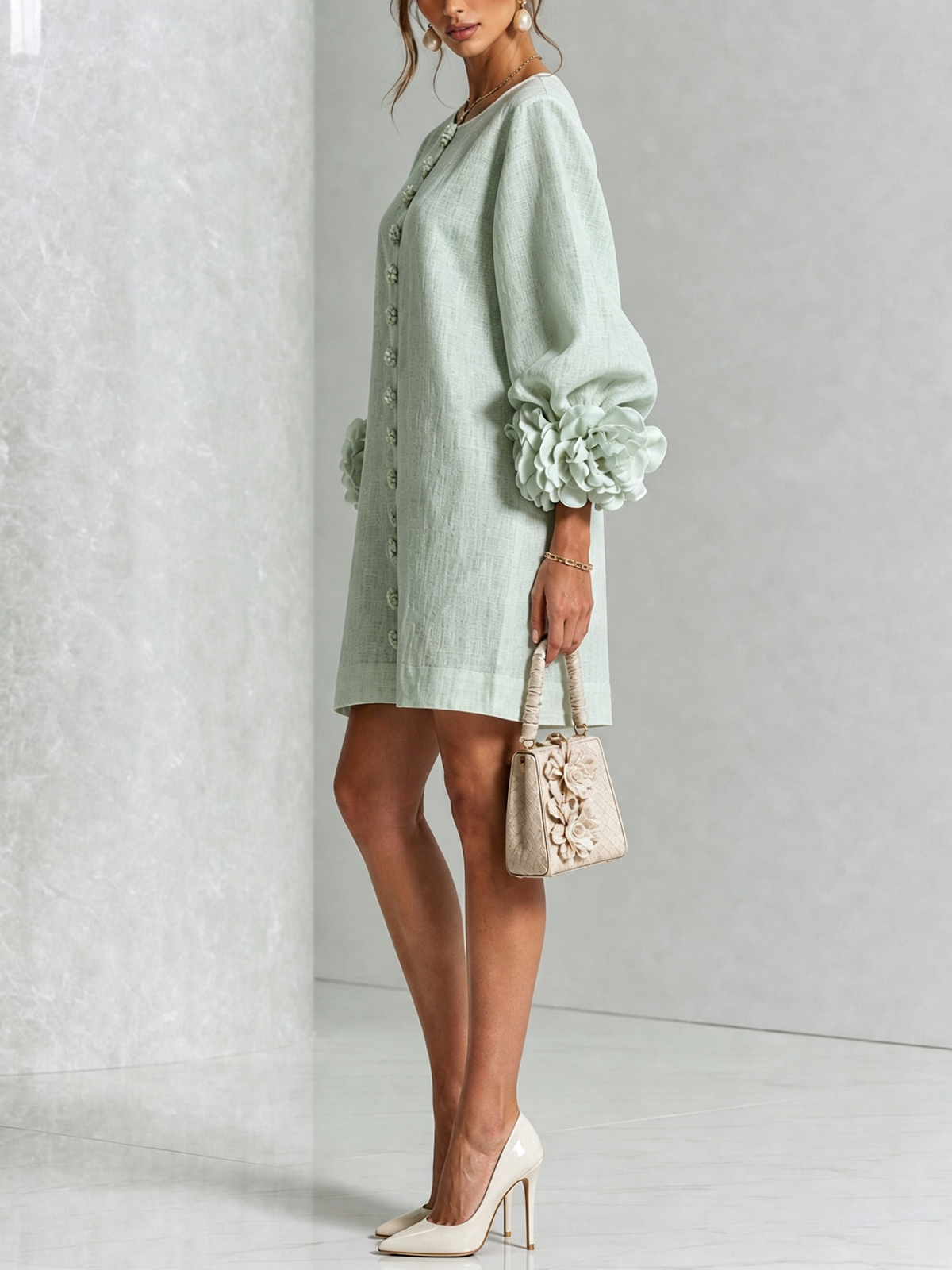 Robe élégante trapèze courte boutonnée à manches bouffantes