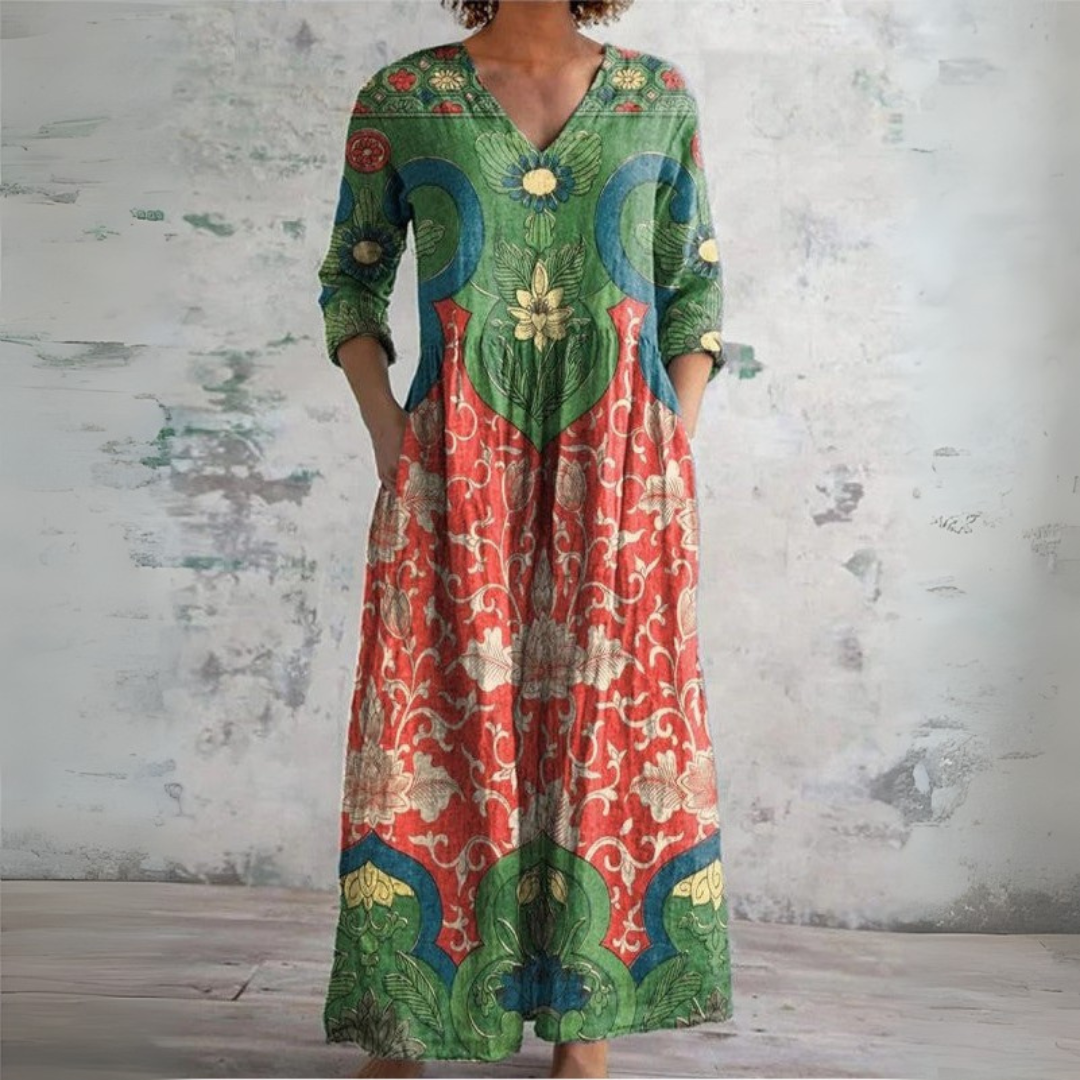 Honorine – Robe maxi en lin verte bohème à imprimé floral ethnique et col en V femme