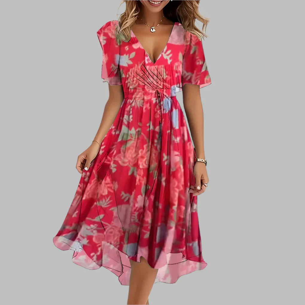 Robe midi fleurie à fronces et manches bouffantes