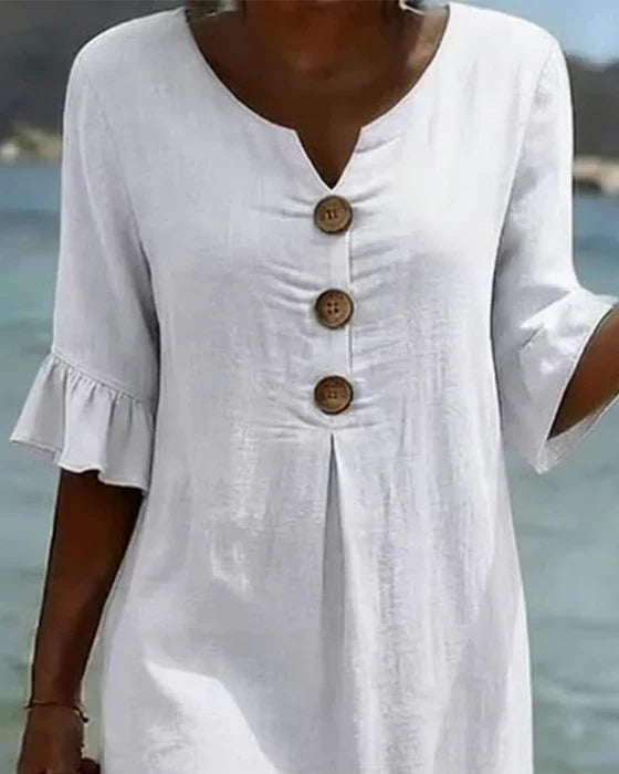 Robe d'été boutonnée en coton et lin à manches volantées