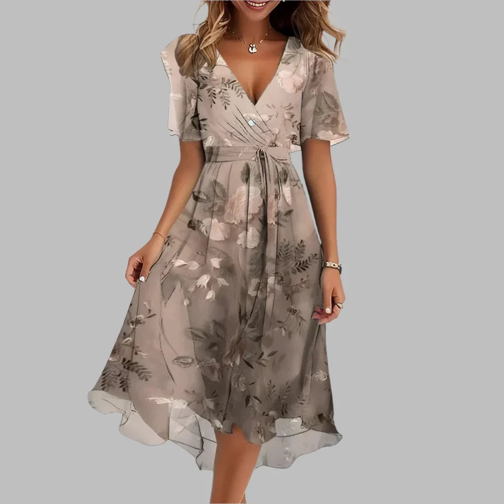 Robe midi fleurie à fronces et manches bouffantes