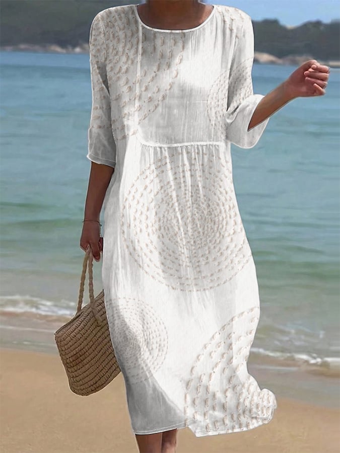 Robe midi en coton et lin à motif texturé et manches 3/4