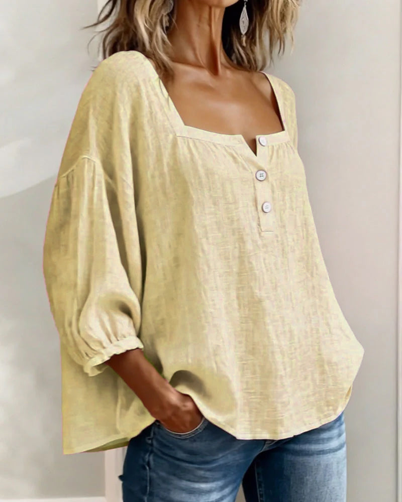 Blouse en lin femme à encolure carrée et manches bouffantes 3/4