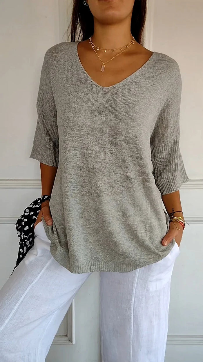 Lison – Top en maille à col en V et manches trois-quarts femme