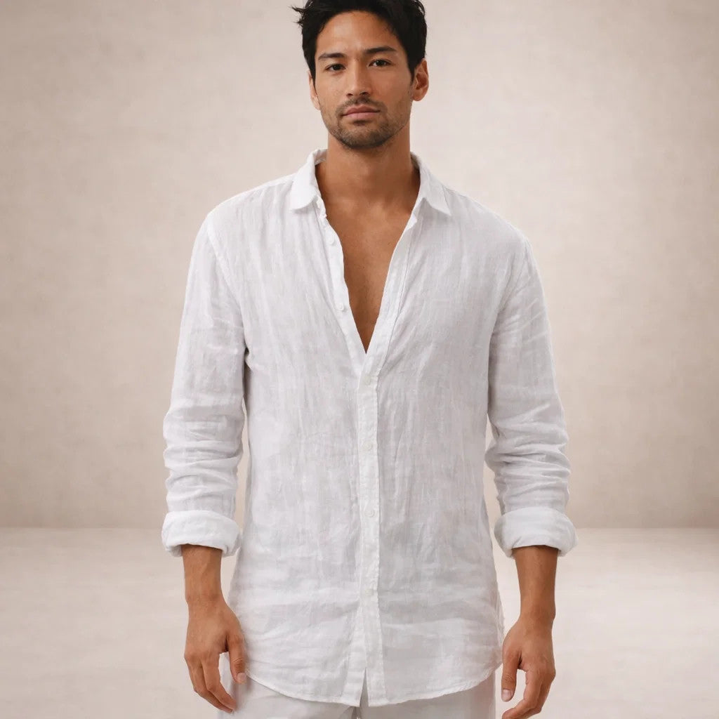 Chemise en lin homme à col ouvert coupe décontractée manches longues
