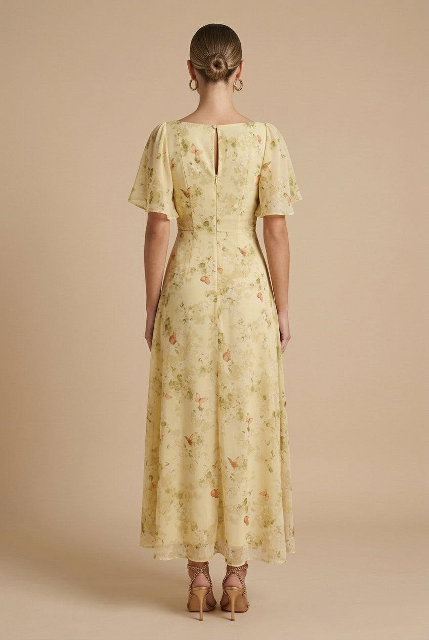 Blanche – Robe maxi à imprimé floral, col carré et manches papillon femme