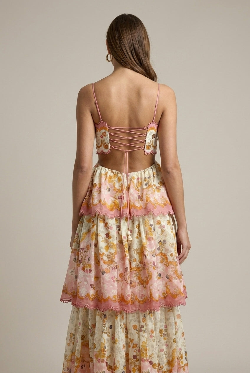 Domitille – Robe maxi sans manches à imprimé floral, bordure festonnée et jupe à étages femme