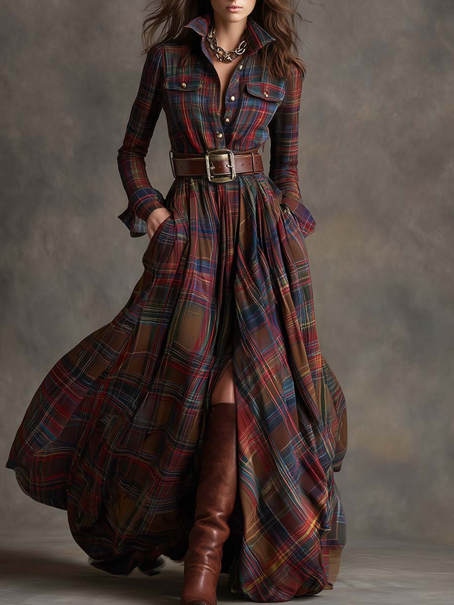 Juliette – Robe longue à carreaux ceinturée de style rétro