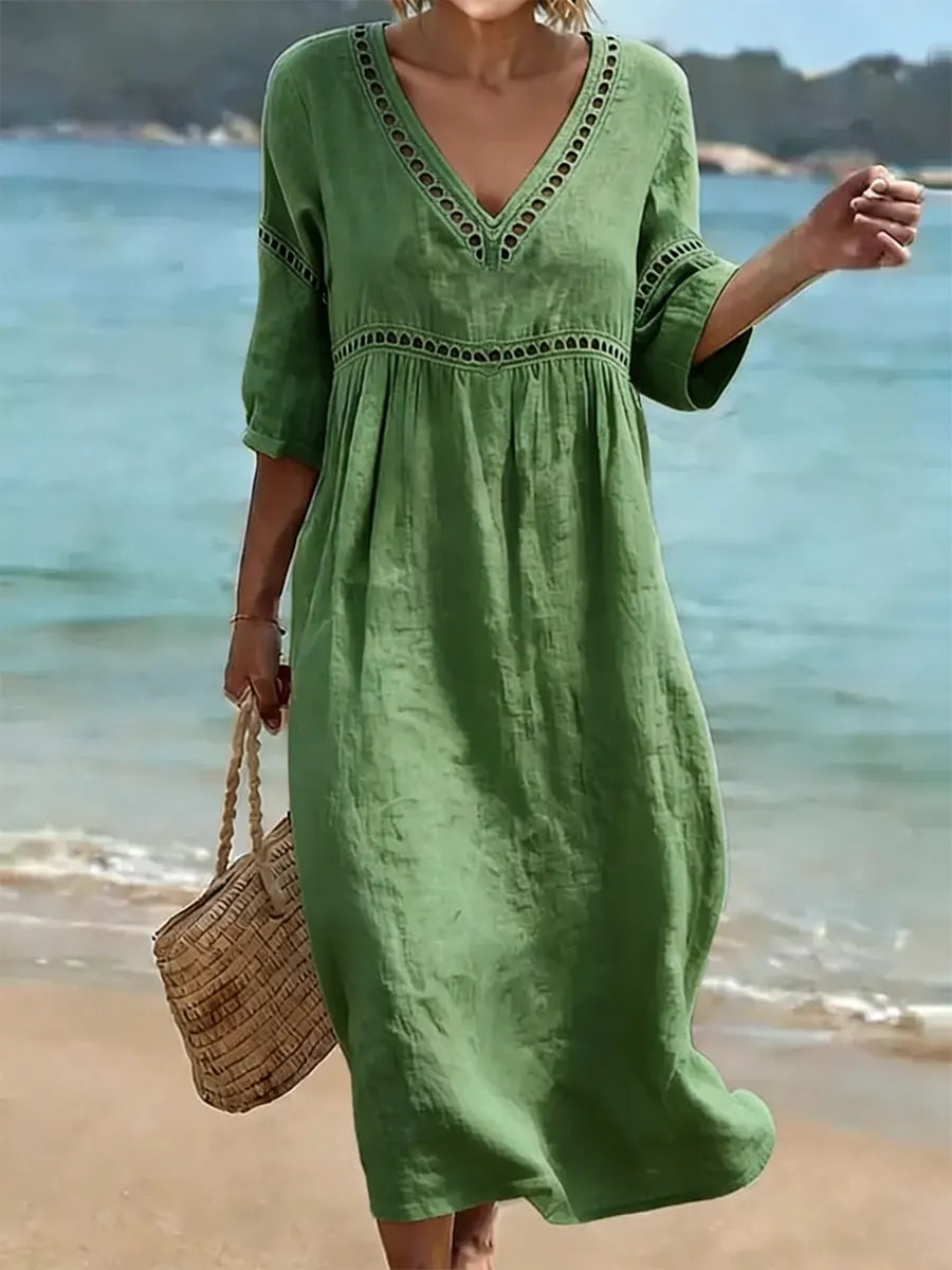 Robe midi fluide en coton à col V et manches courtes