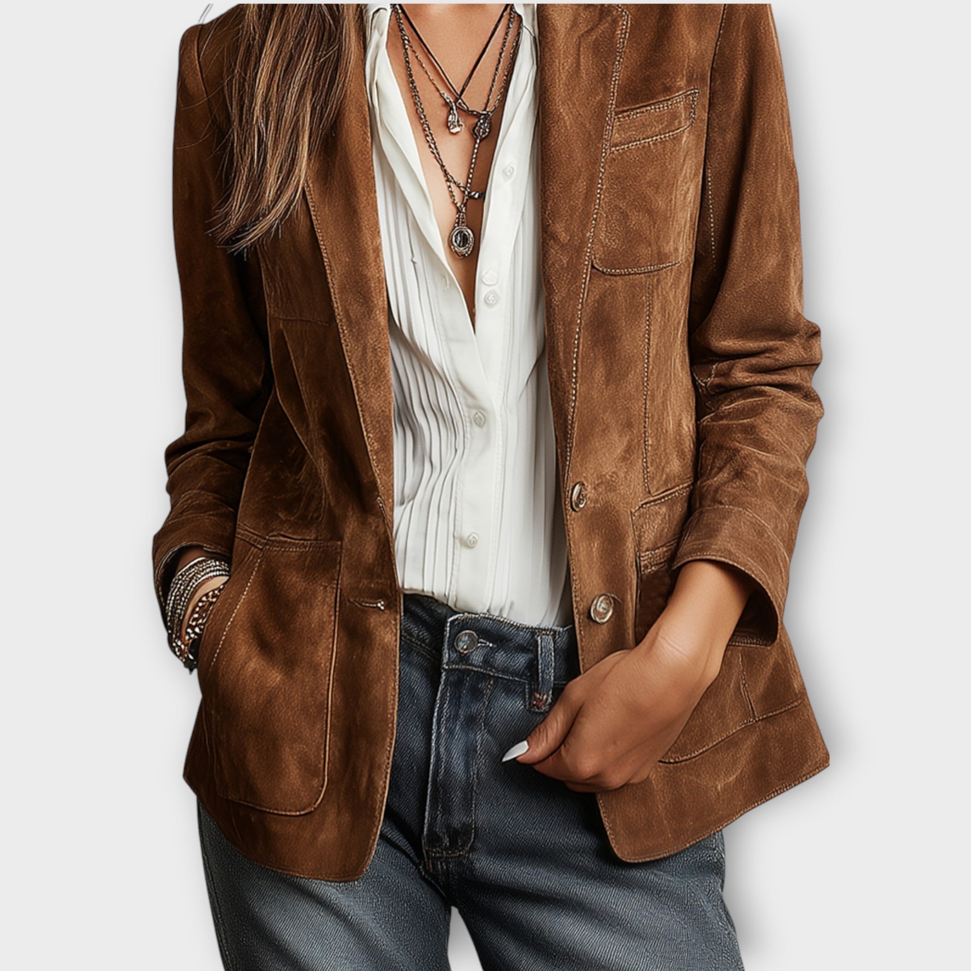 Blazer femme cintré en daim à boutonnage et poches devant 3