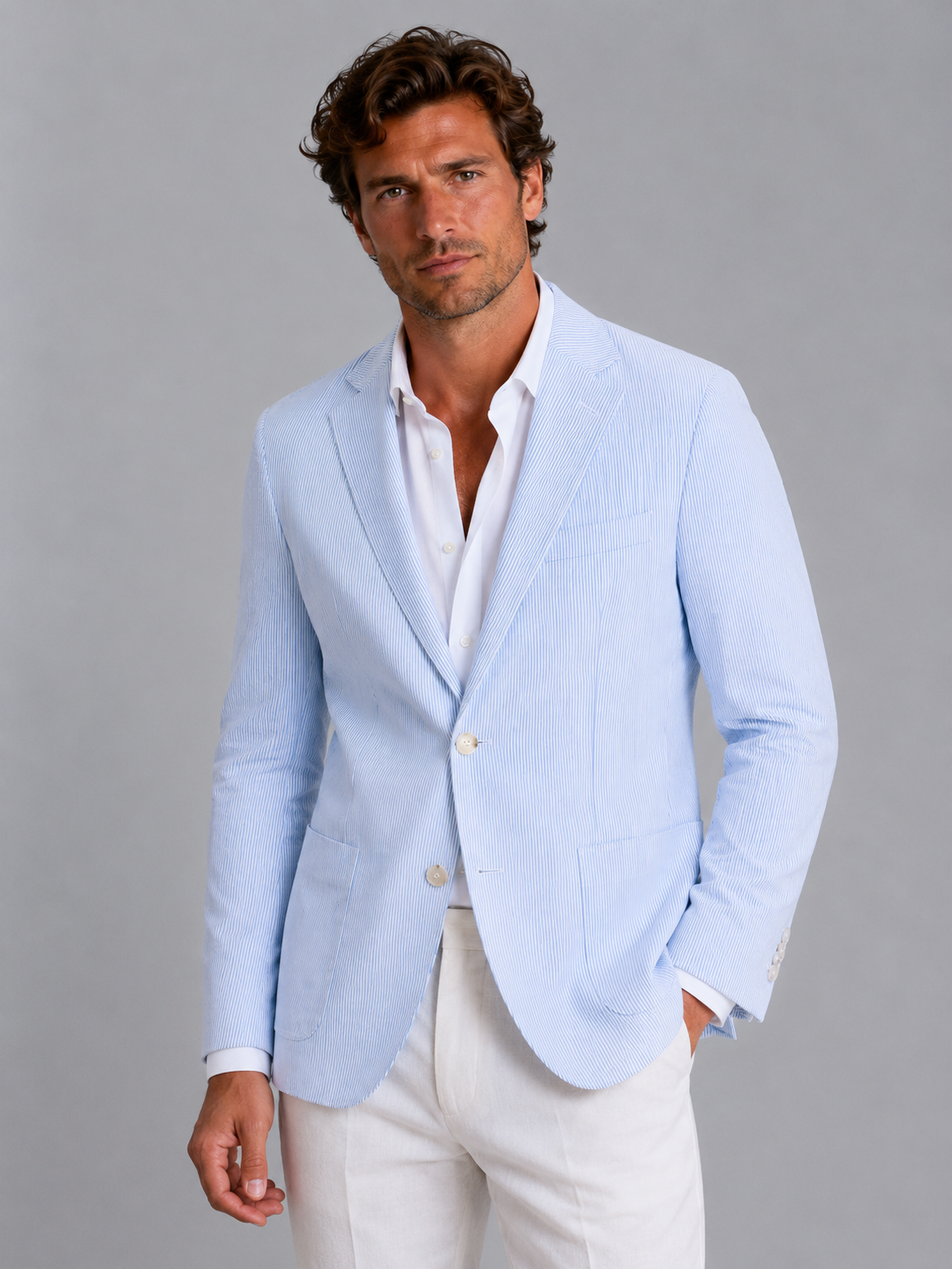 Blazer homme rayé en seersucker léger à col cranté et coupe cintrée 1