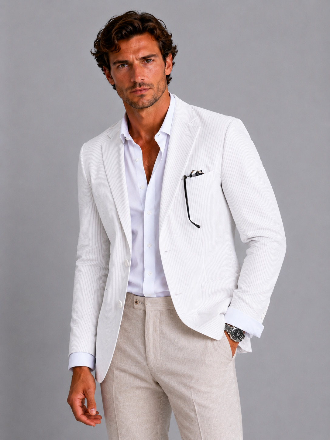Blazer homme rayé en seersucker léger à col cranté et coupe cintrée 4