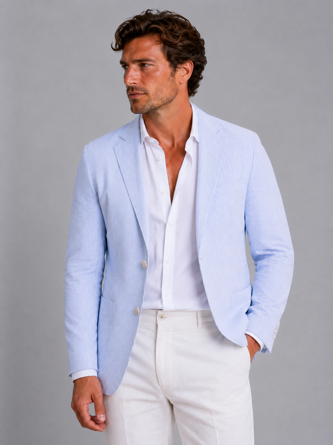 Blazer homme rayé en seersucker léger à col cranté et coupe cintrée 5