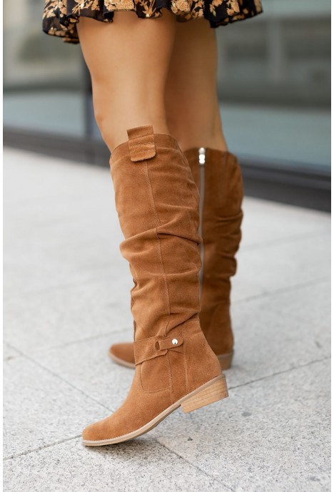 Bottes hautes femme à tige froncée, talon bloc bas et zip latéral 8