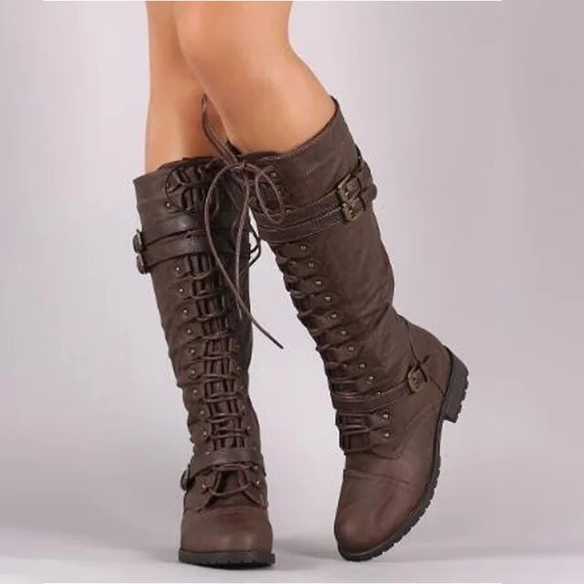 Bottes hautes femme en cuir à lacets à boucles 2