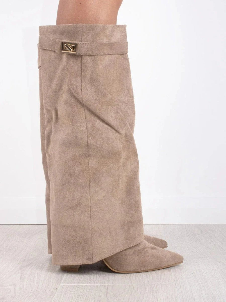 Bottes hautes femme en daim à détails dorés et silhouette affinée 11