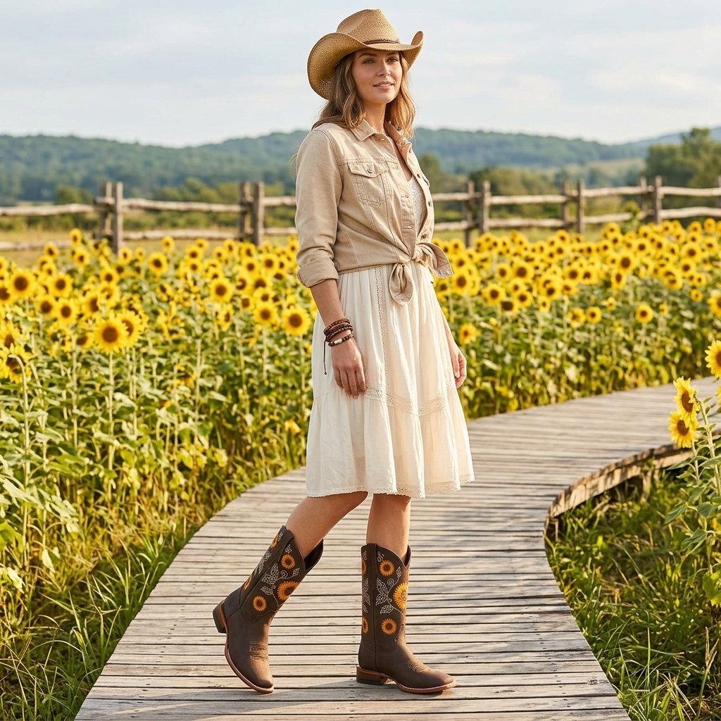 Bottes santiags à broderie tournesol et bout carré 4