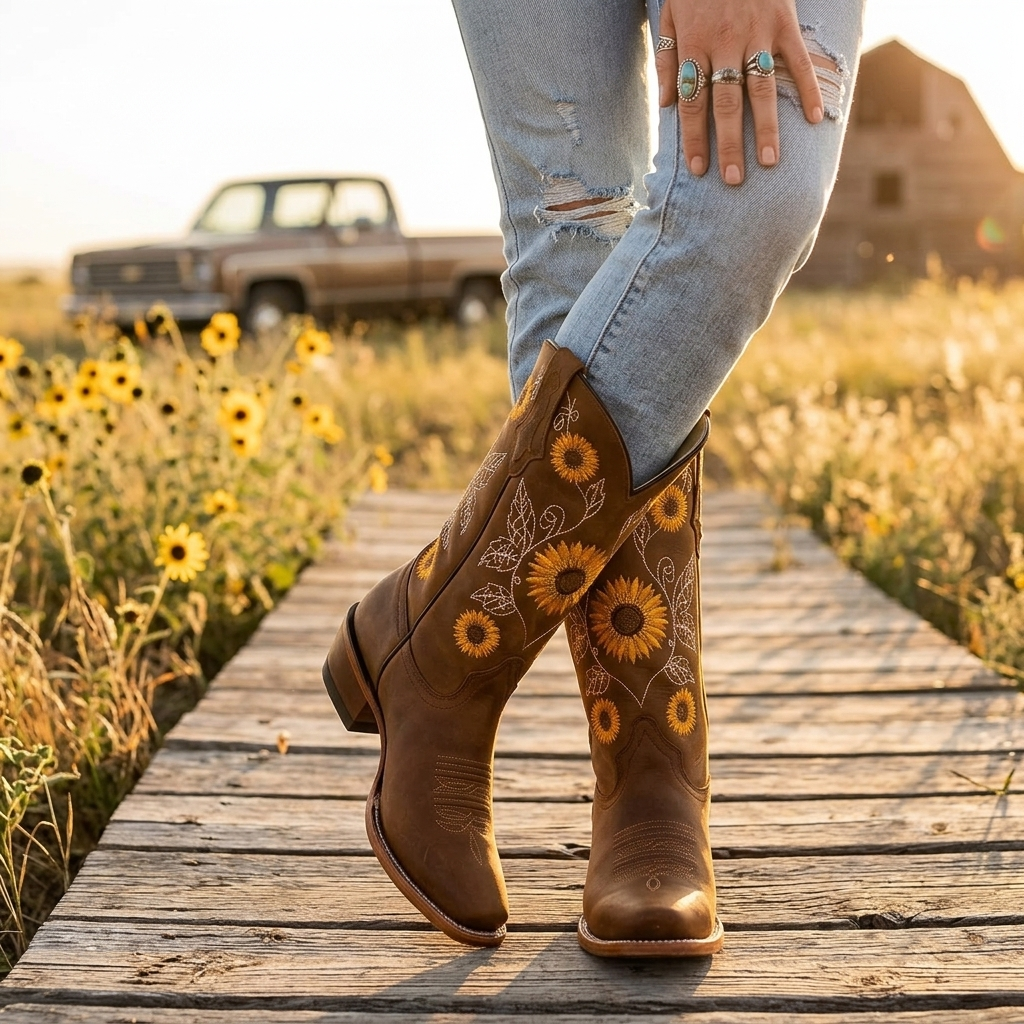 Bottes santiags à broderie tournesol et bout carré 5