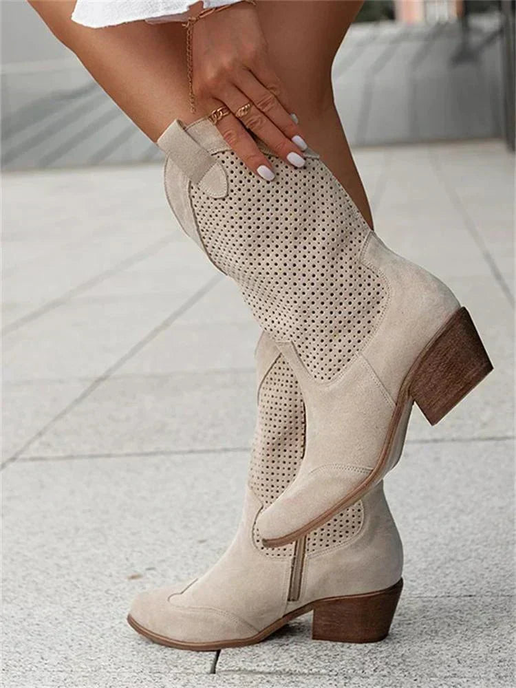 Bottines femme en cuir style santiags à motif ajouré et zip latéral 3