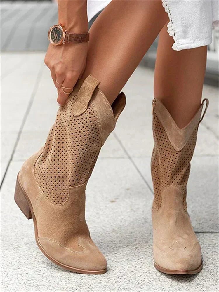 Bottines femme en cuir style santiags à motif ajouré et zip latéral 4