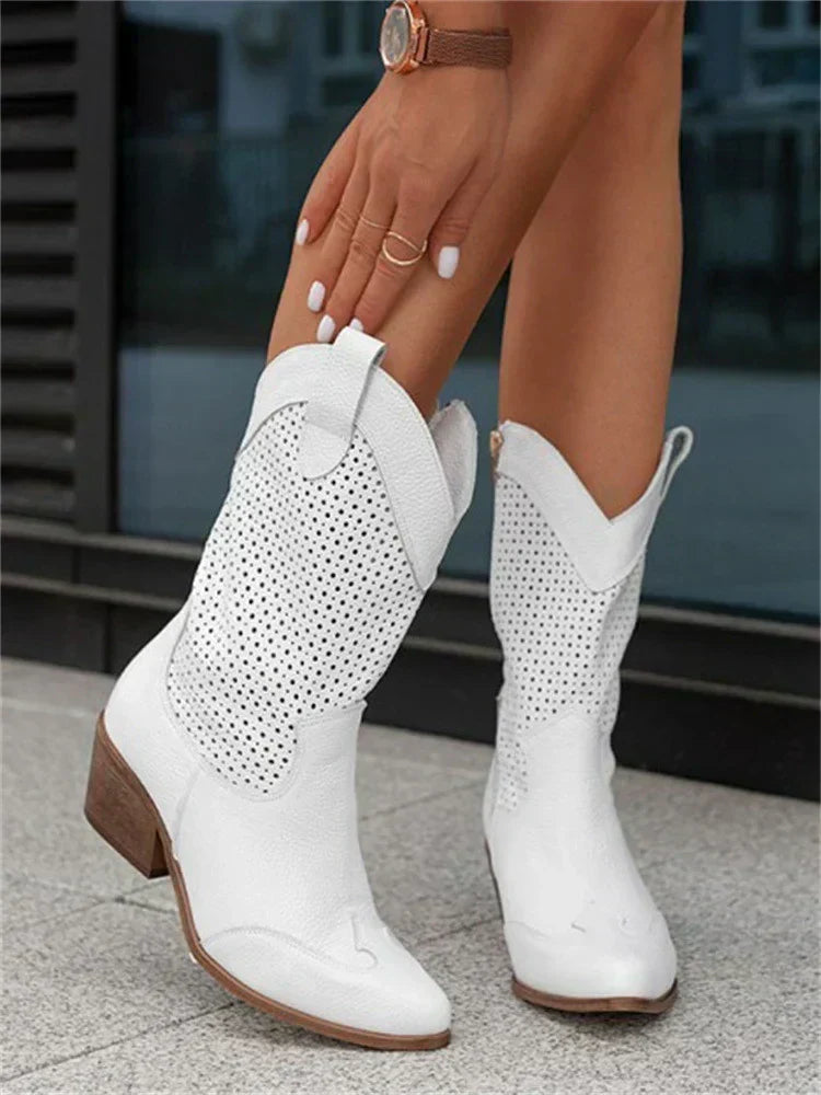 Bottines femme en cuir style santiags à motif ajouré et zip latéral 5