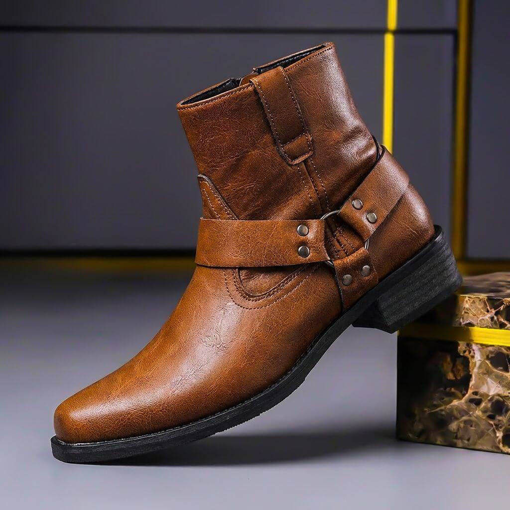 Bottines harnais homme en cuir à zip latéral bout carré 1