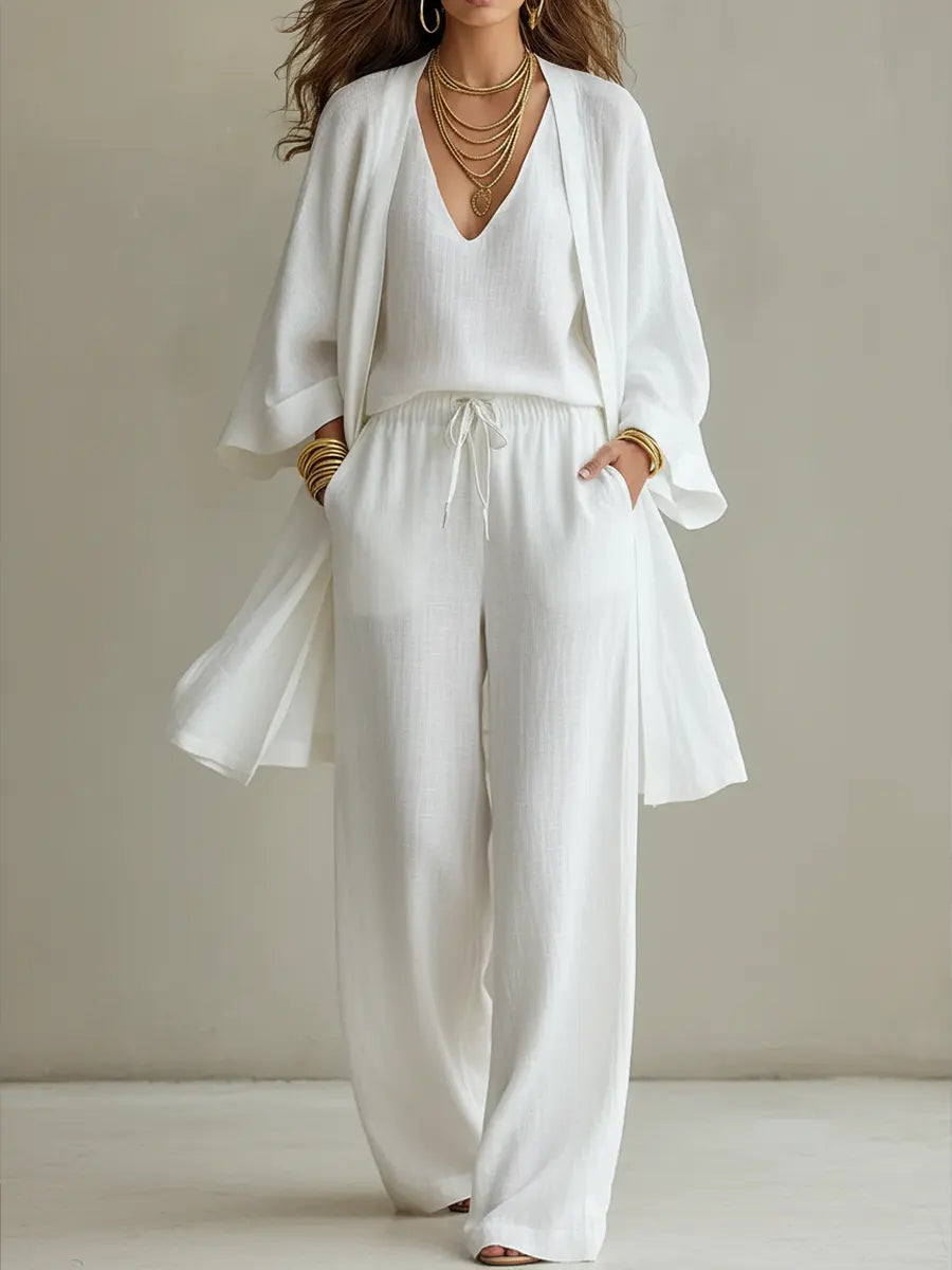 Ensemble femme trois pièces en coton et lin minimaliste
