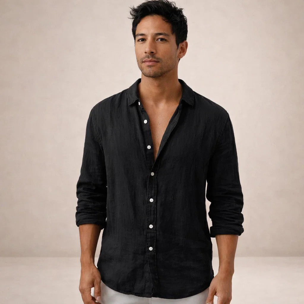 Chemise en lin homme à col ouvert coupe décontractée manches longues