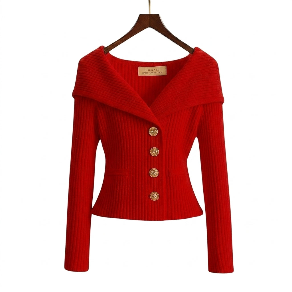 Cardigan côtelé femme à épaules dénudées et boutons dorés 3