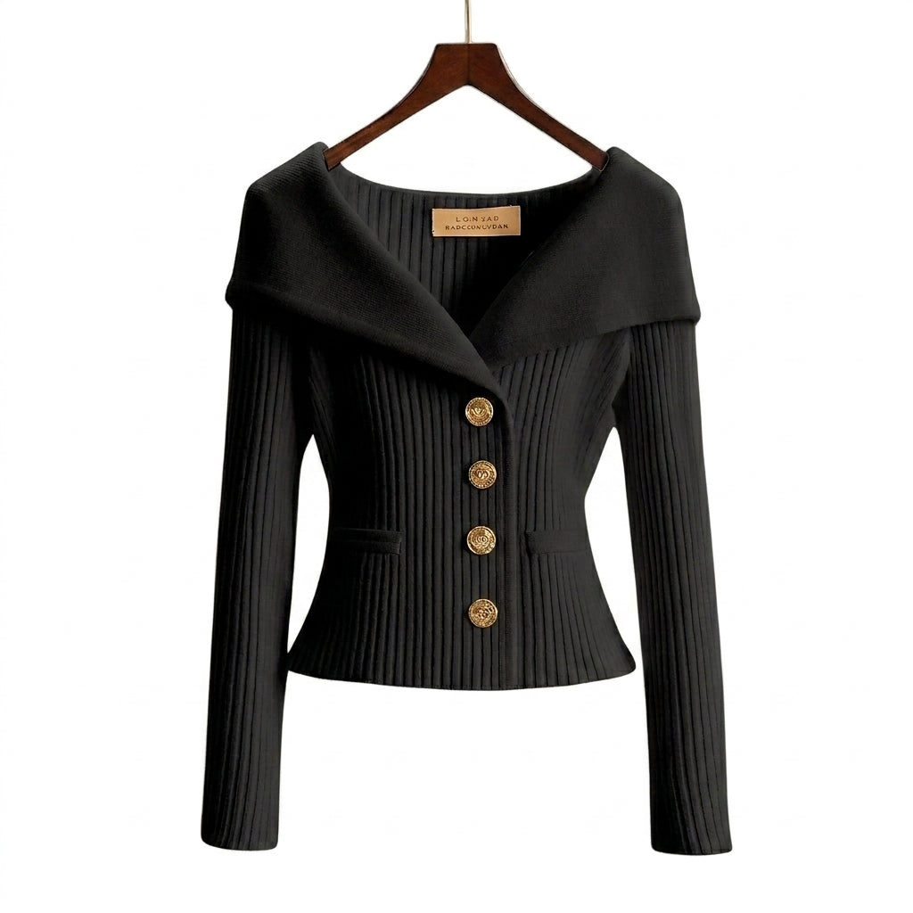 Cardigan côtelé femme à épaules dénudées et boutons dorés 4